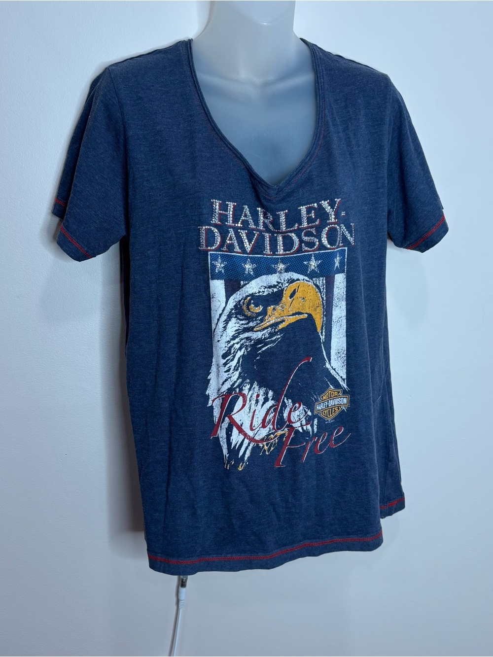 Harley-Davidson Navy blue Eagle graphic Ride Free vNeck Tee shirt top size xl